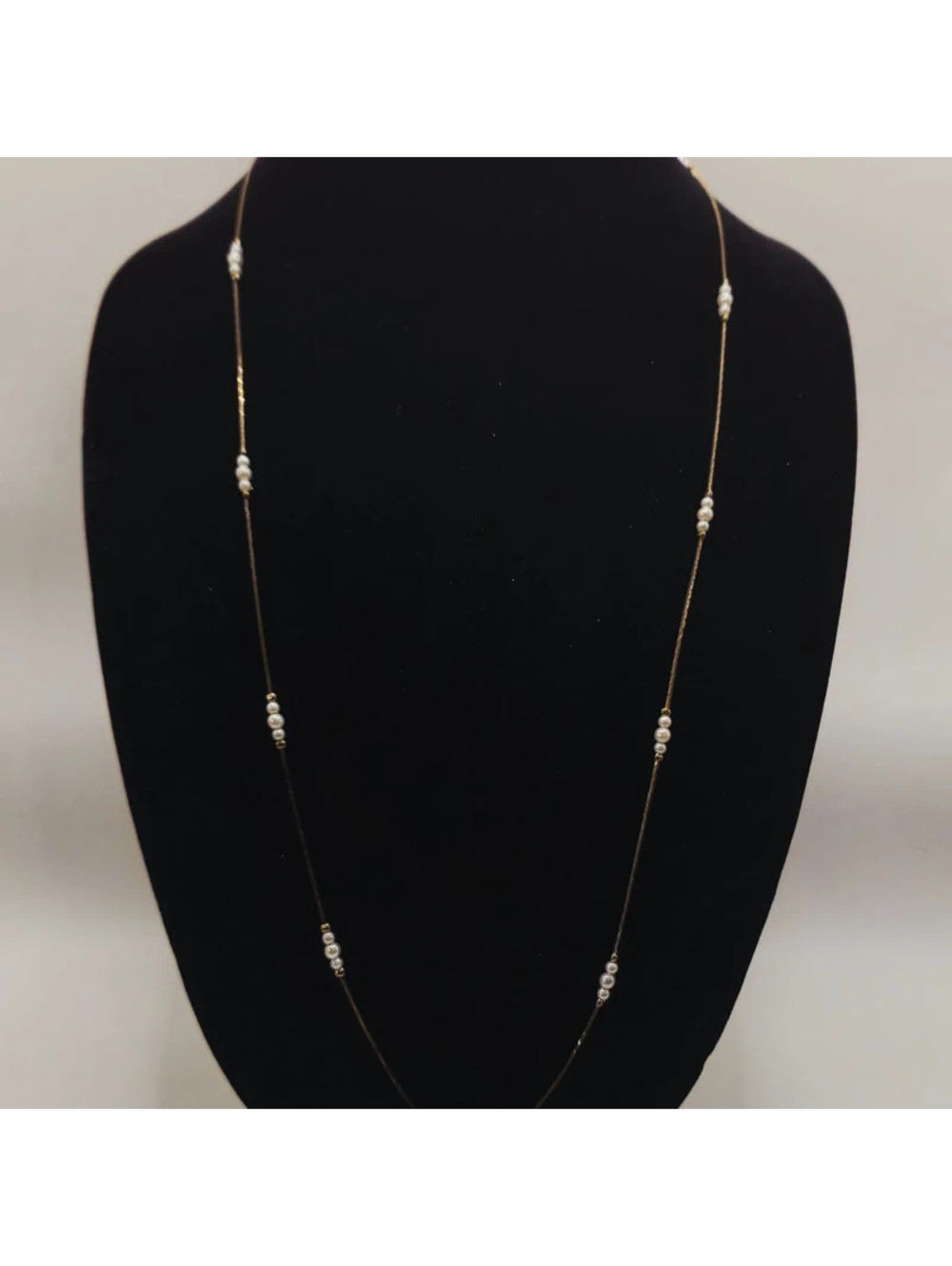Gold-Tone Herringbone Chain Necklace with Faux Pearl Stations